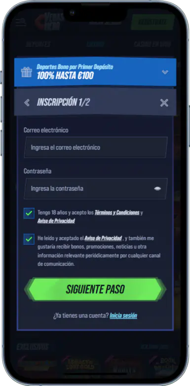 Formulario de registro de cuenta de la aplicación móvil del casino VegasHero