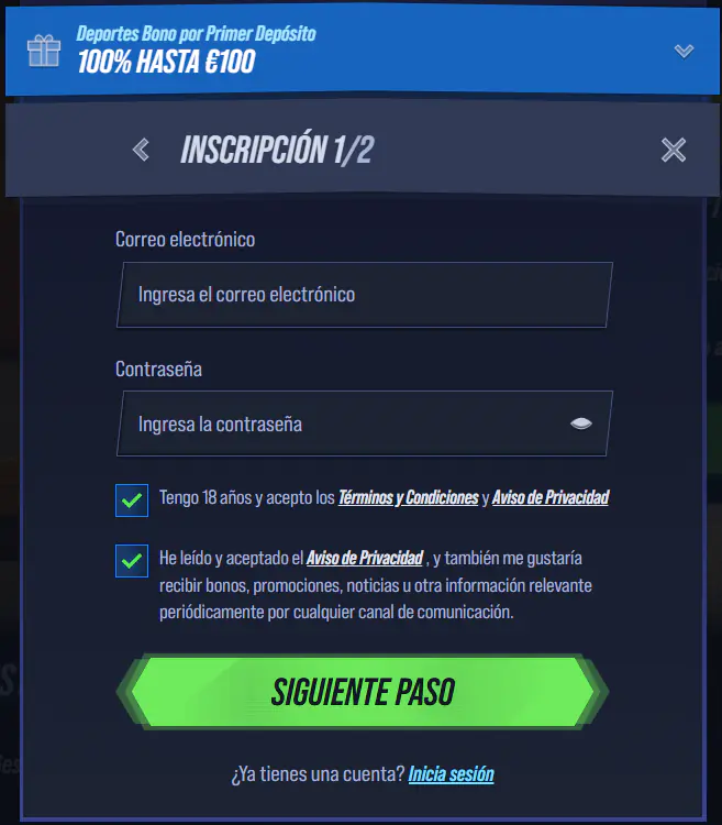 Formulario de registro de cuenta del casino VegasHero